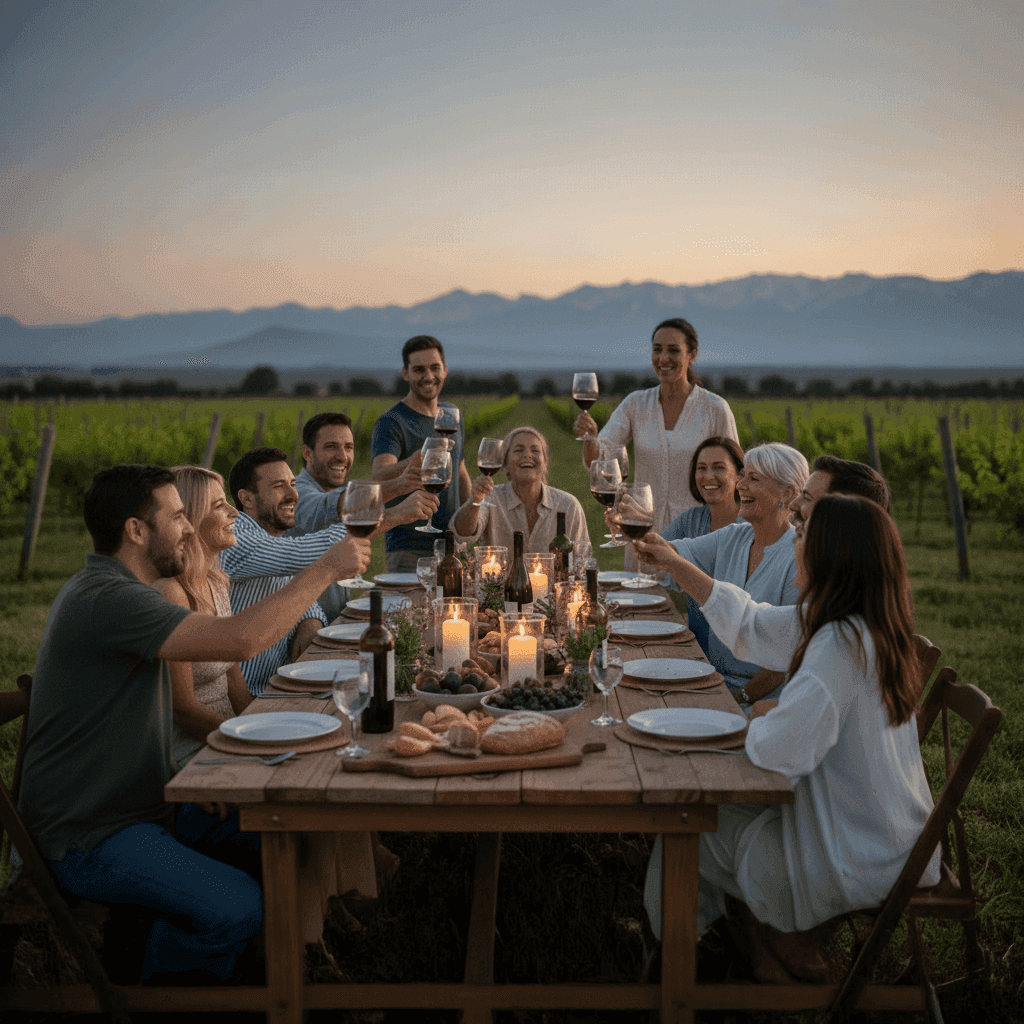 Familia reunida alrededor de una mesa brindando con vino tinto