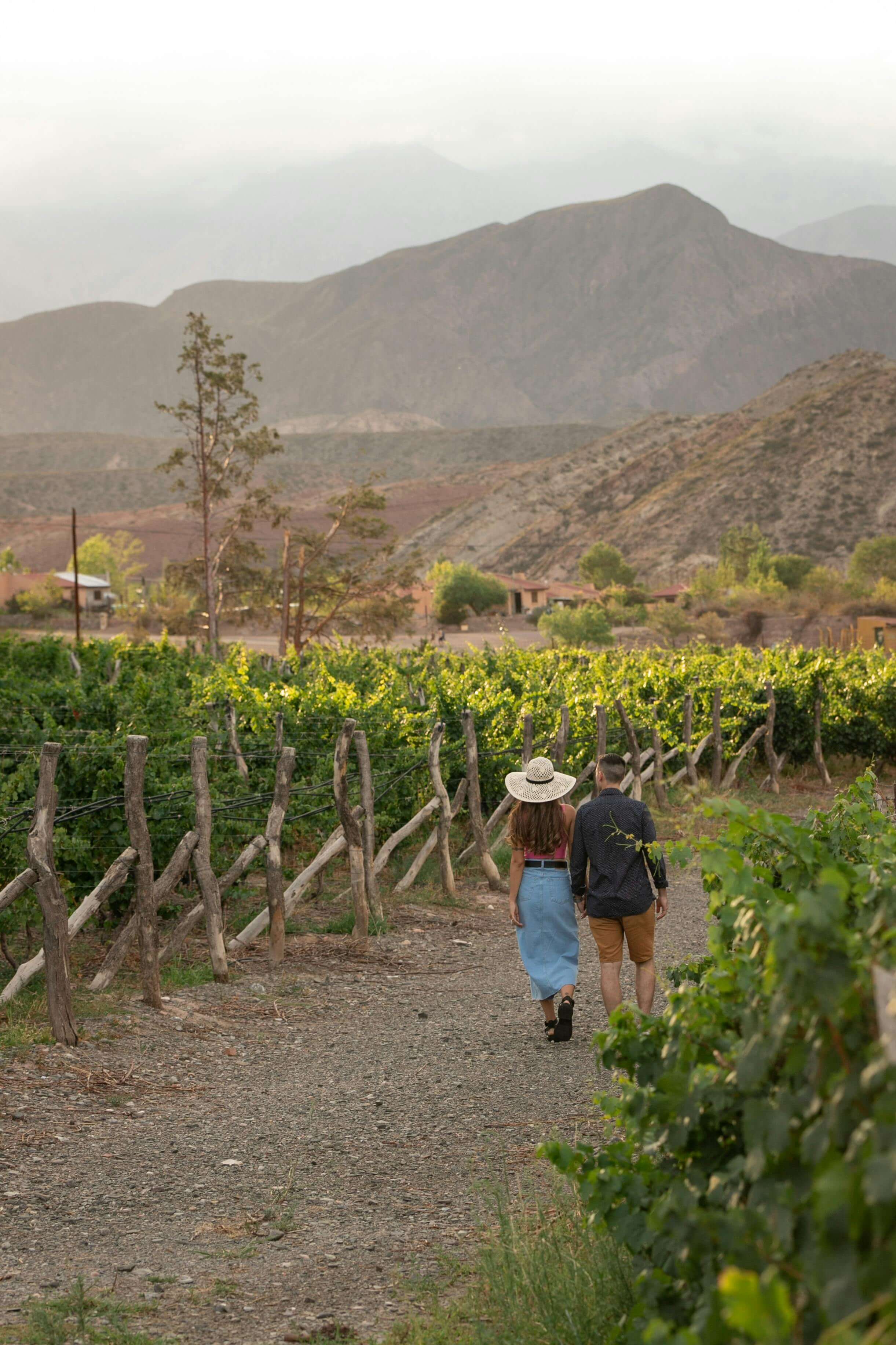 Pareja caminando por un viñedo en Mendoza